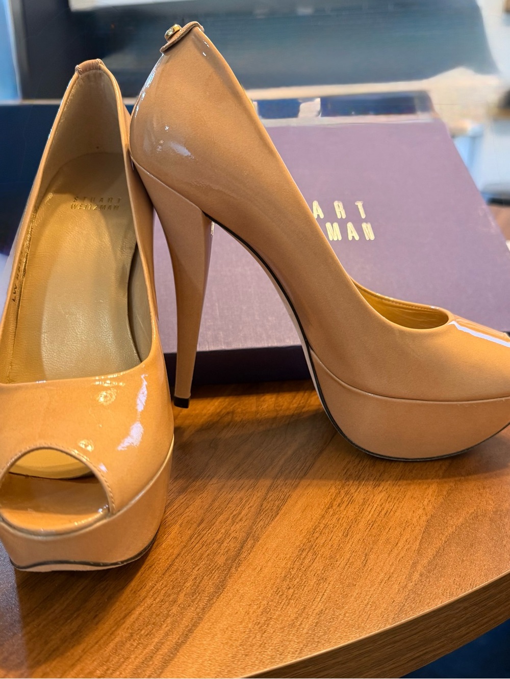 Stuart Weitzman Patent Nude Peep-Toe Platform Pumps